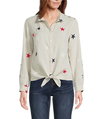 John Mark Linen Allover Embroidered Stars Wire Collar Long Roll-Tab Sleeve Button Front Tie Blouse