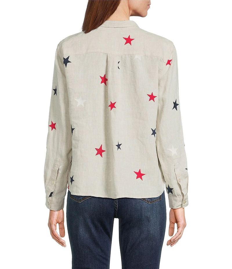 John Mark Linen Allover Embroidered Stars Wire Collar Long Roll-Tab Sleeve Button Front Tie Blouse