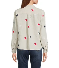 John Mark Linen Allover Embroidered Stars Wire Collar Long Roll-Tab Sleeve Button Front Tie Blouse