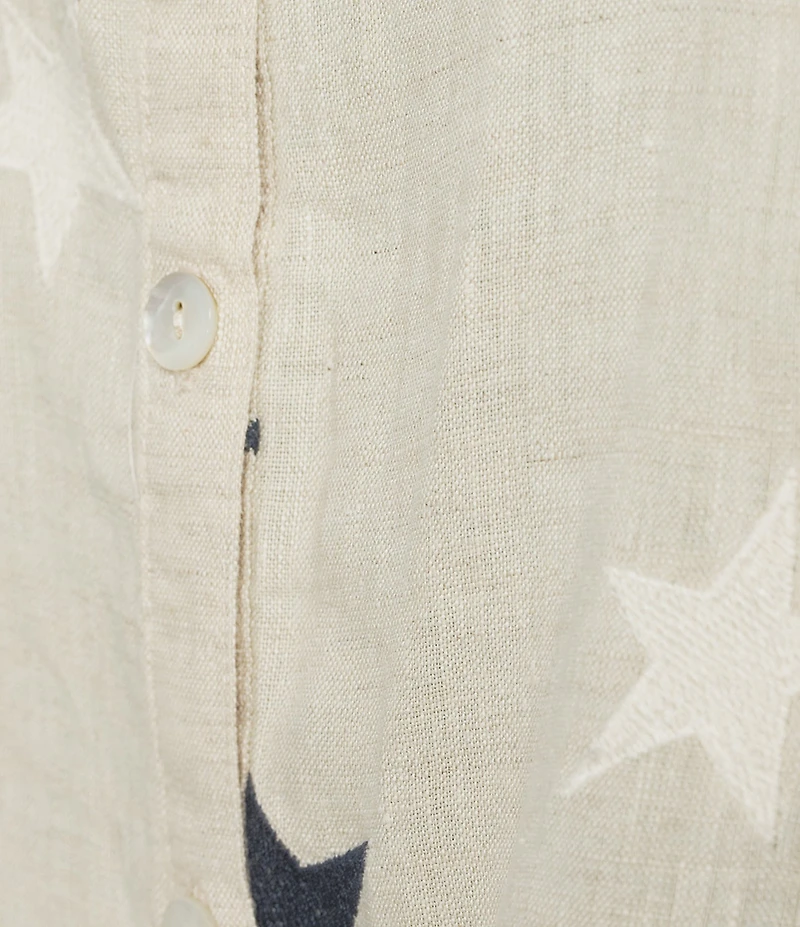 John Mark Linen Allover Embroidered Stars Wire Collar Long Roll-Tab Sleeve Button Front Tie Blouse