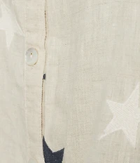 John Mark Linen Allover Embroidered Stars Wire Collar Long Roll-Tab Sleeve Button Front Tie Blouse