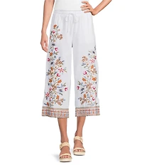 John Mark Linen Blend Embroidered Floral Wide Leg Pants