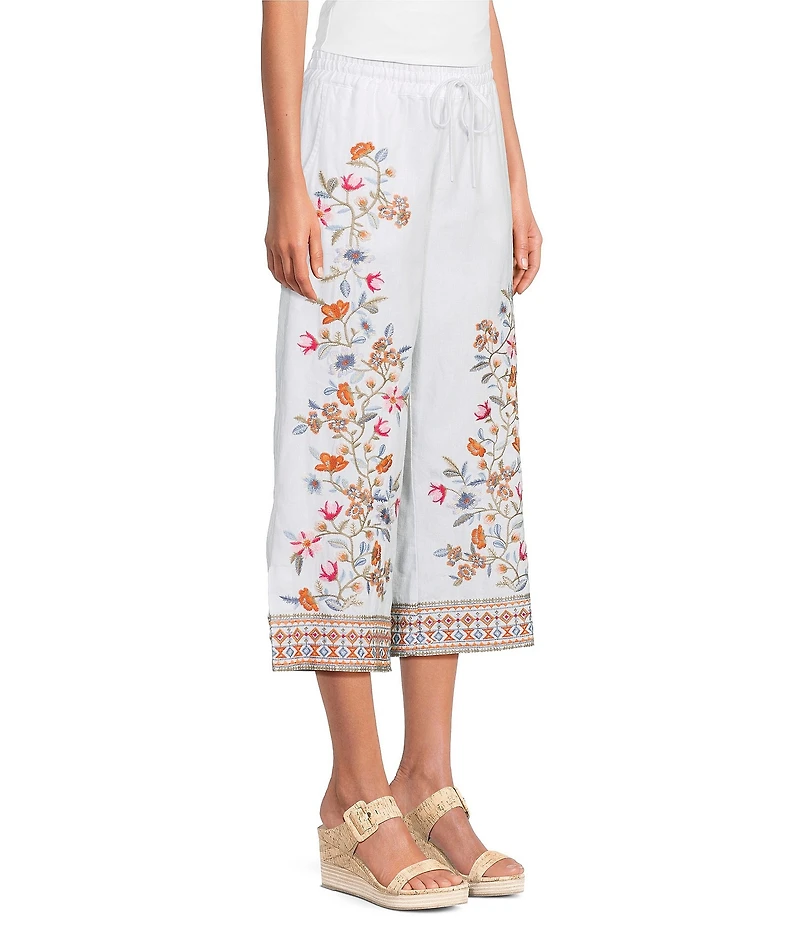 John Mark Linen Blend Embroidered Floral Wide Leg Pants