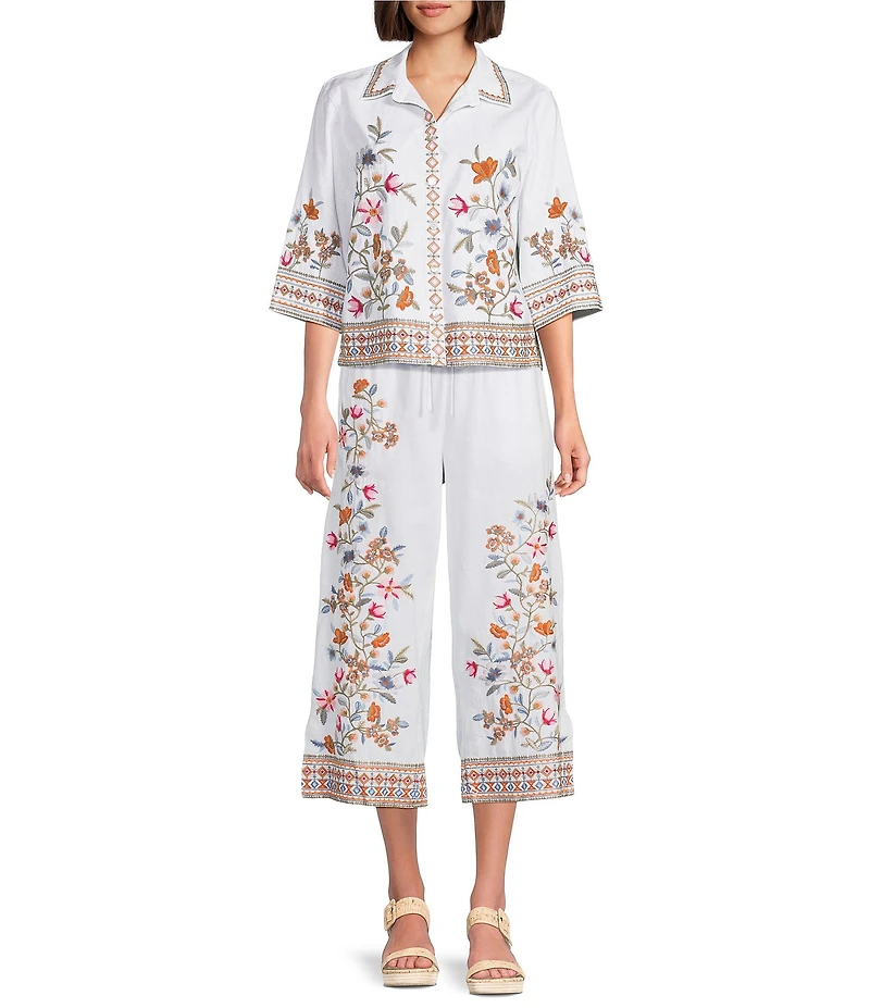 John Mark Linen Blend Embroidered Floral Wide Leg Pants