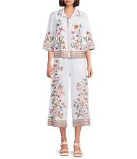 John Mark Linen Blend Embroidered Floral Wide Leg Pants