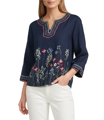 John Mark Linen Blend Embroidery Border Floral Split V-Neck 3/4 Sleeve Tunic