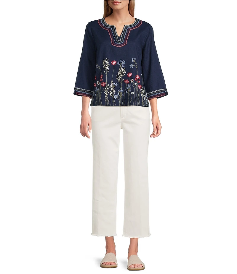 John Mark Linen Blend Embroidery Border Floral Split V-Neck 3/4 Sleeve Tunic