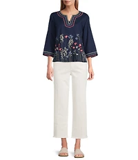 John Mark Linen Blend Embroidery Border Floral Split V-Neck 3/4 Sleeve Tunic