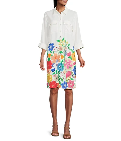 John Mark Linen Blend Multi Floral Border Print Point Collar Long Roll-Tab Sleeve Shirt Dress