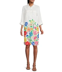 John Mark Linen Blend Multi Floral Border Print Point Collar Long Roll-Tab Sleeve Shirt Dress
