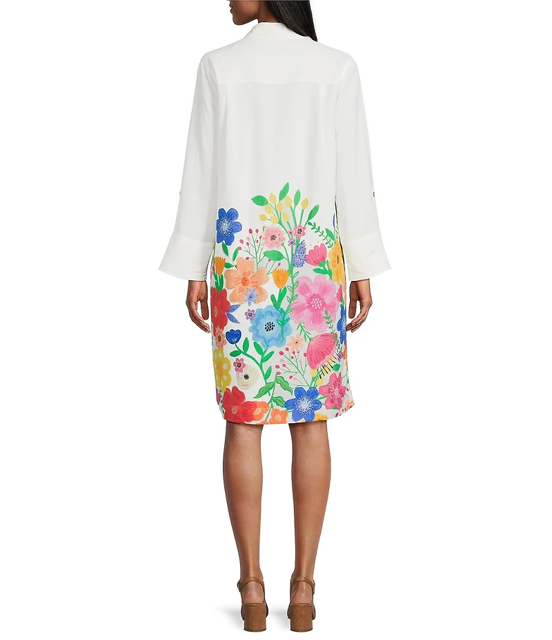 John Mark Linen Blend Multi Floral Border Print Point Collar Long Roll-Tab Sleeve Shirt Dress