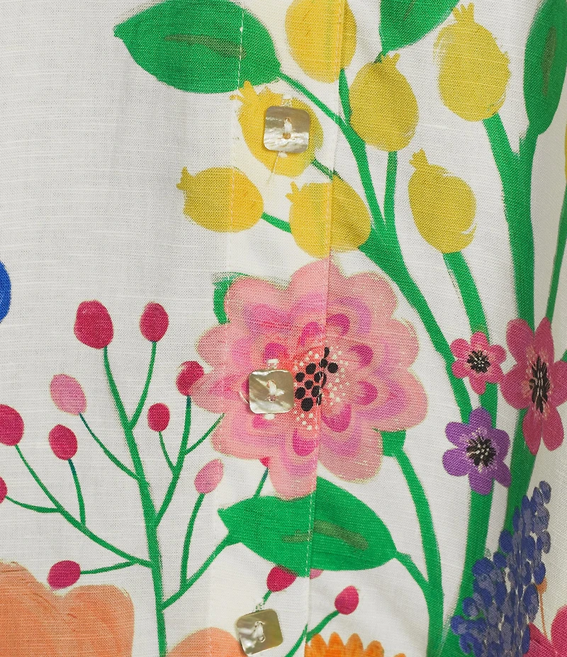 John Mark Linen Blend Multi Floral Border Print Point Collar Long Roll-Tab Sleeve Shirt Dress