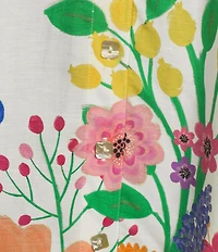 John Mark Linen Blend Multi Floral Border Print Point Collar Long Roll-Tab Sleeve Shirt Dress