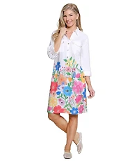 John Mark Linen Blend Multi Floral Border Print Point Collar Long Roll-Tab Sleeve Shirt Dress