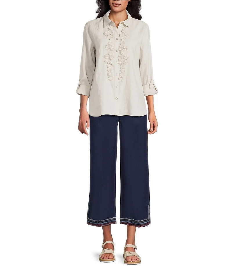 John Mark Linen Blend Straight High Rise Embroidery Pants