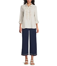 John Mark Linen Blend Straight High Rise Embroidery Pants