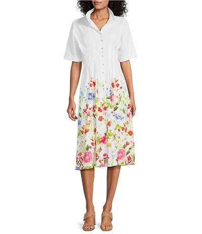 John Mark Linen Blend Vintage Floral Border Print Wire Collar Short Dolman Sleeve Button Front A-Line Midi Dress