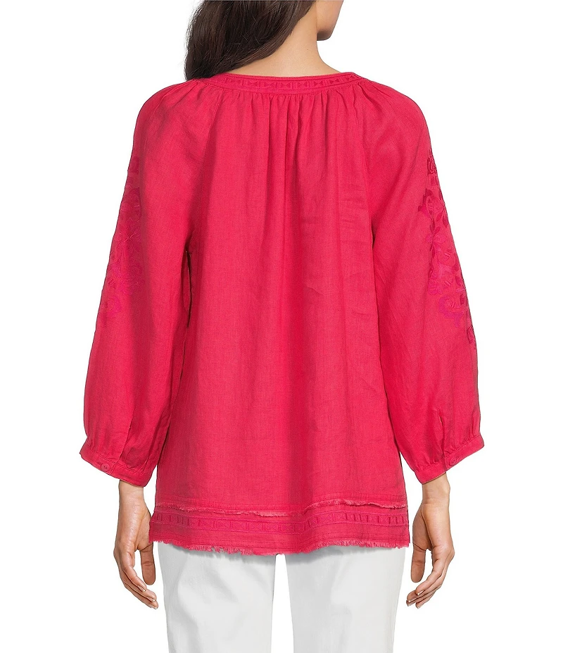 John Mark Linen Embroidered Split Neck 3/4 Sleeve Tunic