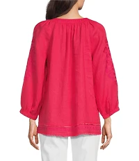 John Mark Linen Embroidered Split Neck 3/4 Sleeve Tunic