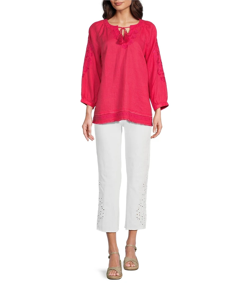 John Mark Linen Embroidered Split Neck 3/4 Sleeve Tunic