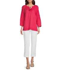 John Mark Linen Embroidered Split Neck 3/4 Sleeve Tunic