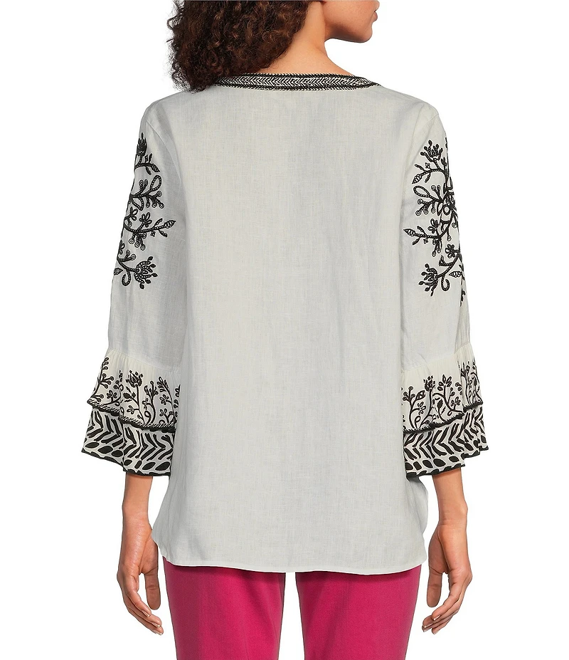 John Mark Linen Embroidered Split V-Neck 3/4 Sleeve Tunic