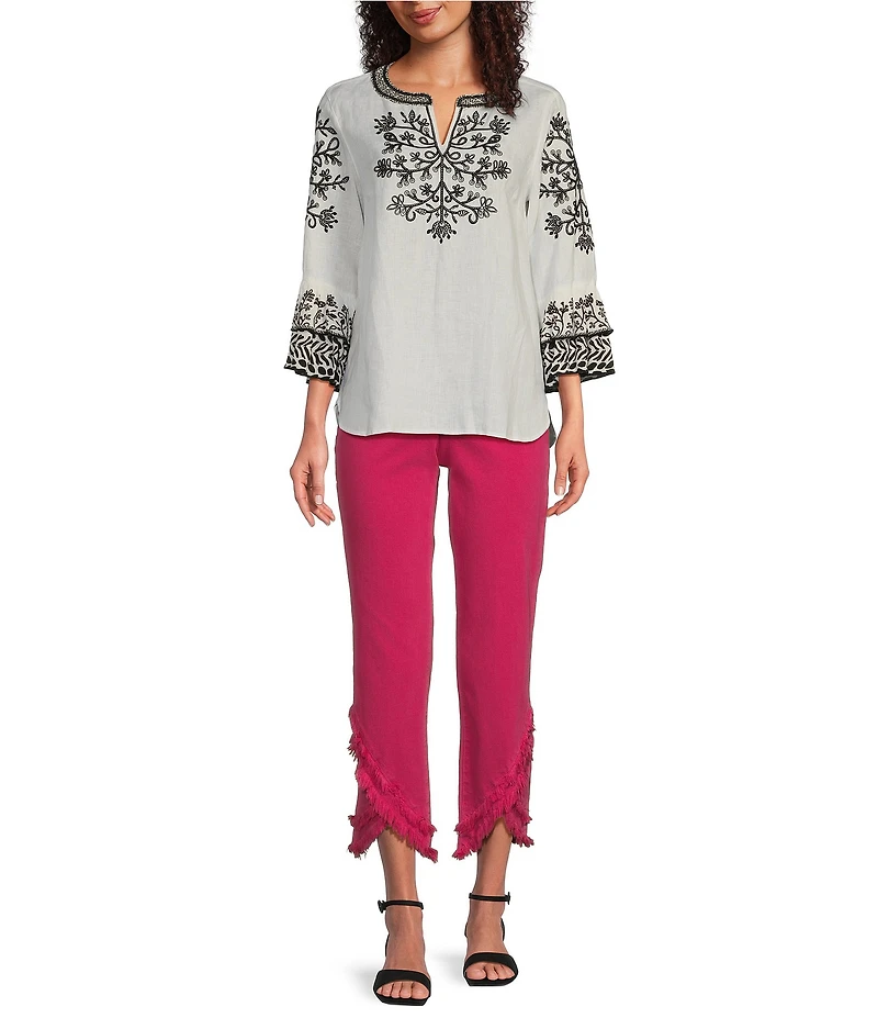 John Mark Linen Embroidered Split V-Neck 3/4 Sleeve Tunic