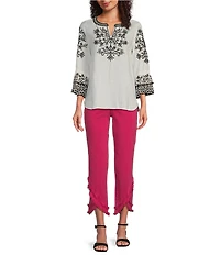 John Mark Linen Embroidered Split V-Neck 3/4 Sleeve Tunic