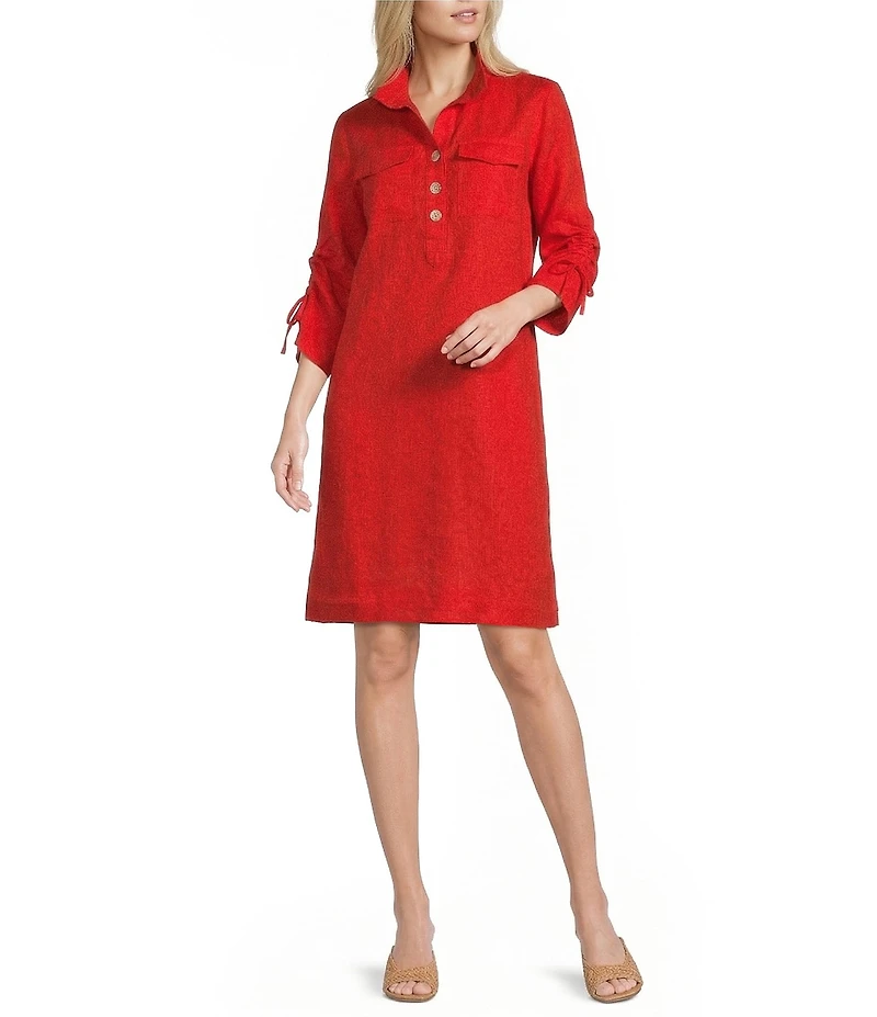 John Mark Linen Point Collar 3/4 Cinched Sleeve Shirt Dress