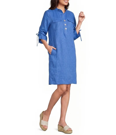 John Mark Linen Point Collar 3/4 Cinched Sleeve Shirt Dress