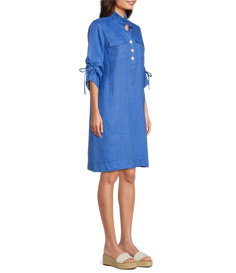 John Mark Linen Point Collar 3/4 Cinched Sleeve Shirt Dress