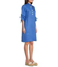John Mark Linen Point Collar 3/4 Cinched Sleeve Shirt Dress