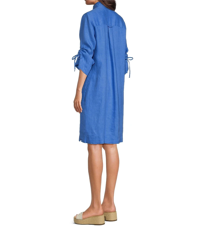 John Mark Linen Point Collar 3/4 Cinched Sleeve Shirt Dress