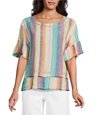 John Mark Linen Yarn-Dye Stripe Scoop Neck Short Flounce Sleeve Top