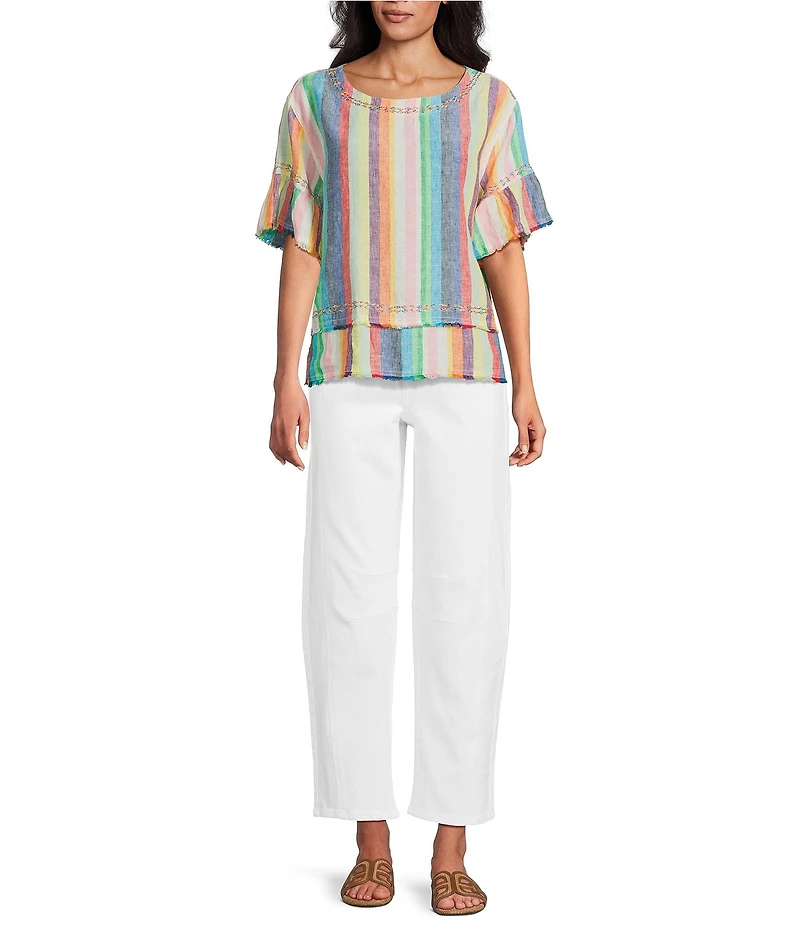 John Mark Linen Yarn-Dye Stripe Scoop Neck Short Flounce Sleeve Top