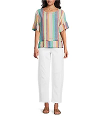 John Mark Linen Yarn-Dye Stripe Scoop Neck Short Flounce Sleeve Top