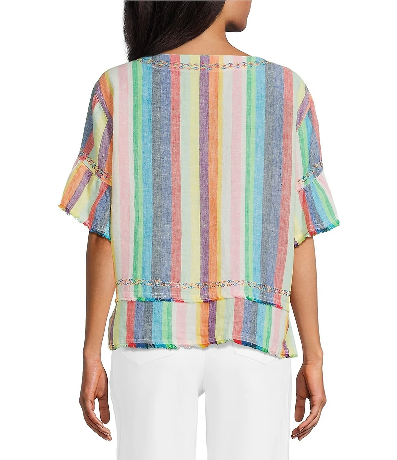 John Mark Linen Yarn-Dye Stripe Scoop Neck Short Flounce Sleeve Top