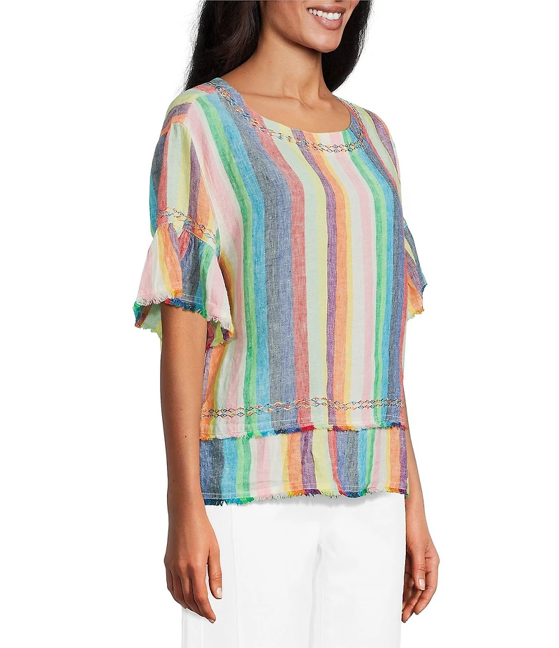 John Mark Linen Yarn-Dye Stripe Scoop Neck Short Flounce Sleeve Top