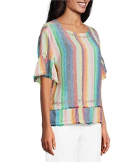 John Mark Linen Yarn-Dye Stripe Scoop Neck Short Flounce Sleeve Top
