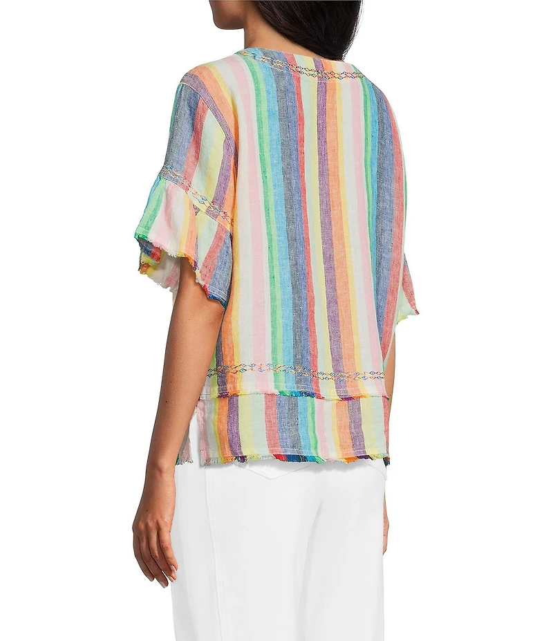 John Mark Linen Yarn-Dye Stripe Scoop Neck Short Flounce Sleeve Top