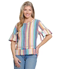 John Mark Linen Yarn-Dye Stripe Scoop Neck Short Flounce Sleeve Top