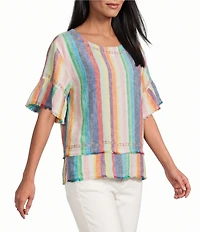John Mark Linen Yarn-Dye Stripe Scoop Neck Short Flounce Sleeve Top