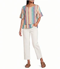 John Mark Linen Yarn-Dye Stripe Scoop Neck Short Flounce Sleeve Top