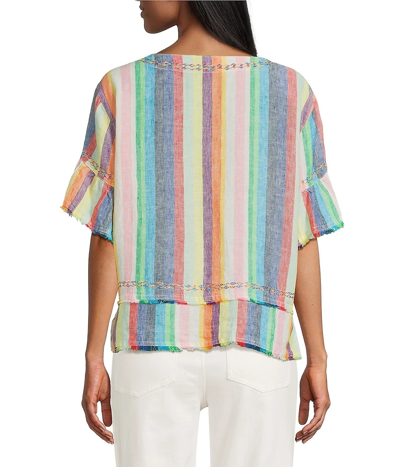 John Mark Linen Yarn-Dye Stripe Scoop Neck Short Flounce Sleeve Top