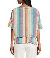 John Mark Linen Yarn-Dye Stripe Scoop Neck Short Flounce Sleeve Top