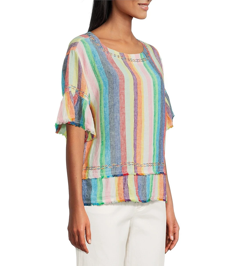 John Mark Linen Yarn-Dye Stripe Scoop Neck Short Flounce Sleeve Top