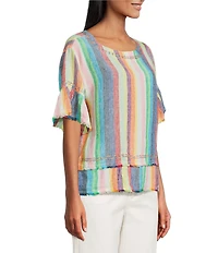 John Mark Linen Yarn-Dye Stripe Scoop Neck Short Flounce Sleeve Top