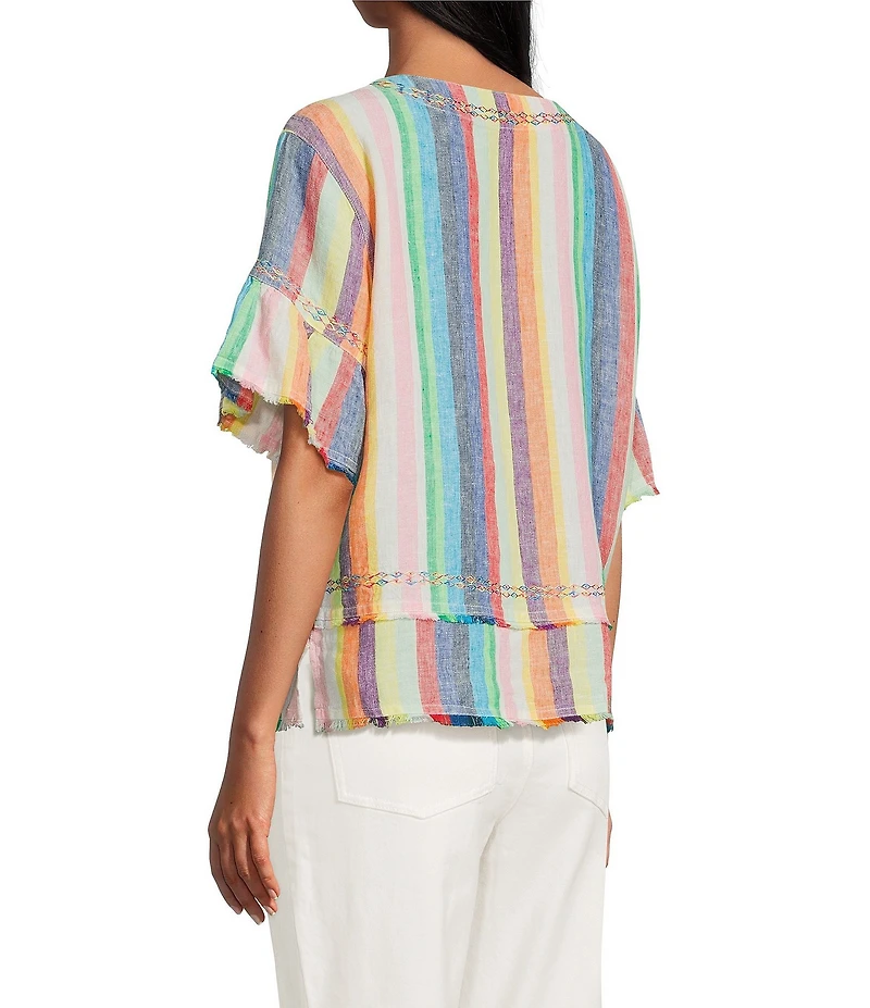 John Mark Linen Yarn-Dye Stripe Scoop Neck Short Flounce Sleeve Top