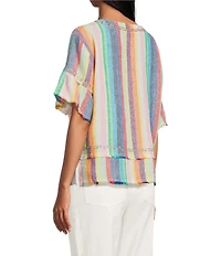 John Mark Linen Yarn-Dye Stripe Scoop Neck Short Flounce Sleeve Top