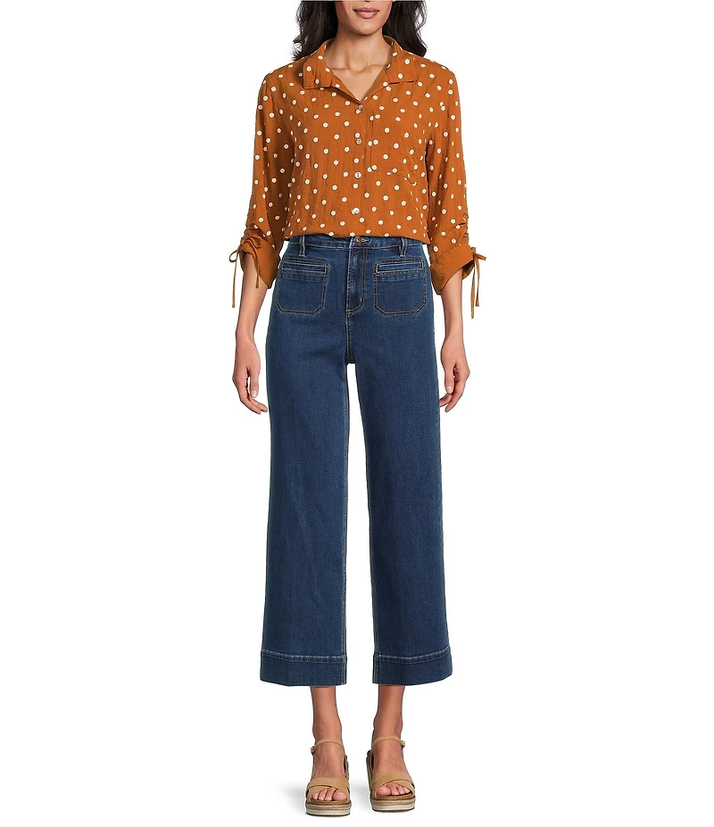 John Mark Mid Waist Wide Leg Patch Pocket Wide Leg Denim Pants